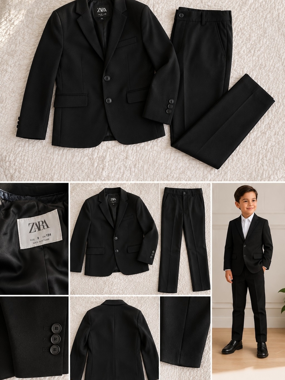 ZARA Boys Black Two-Piece Suit Jacket & Trousers